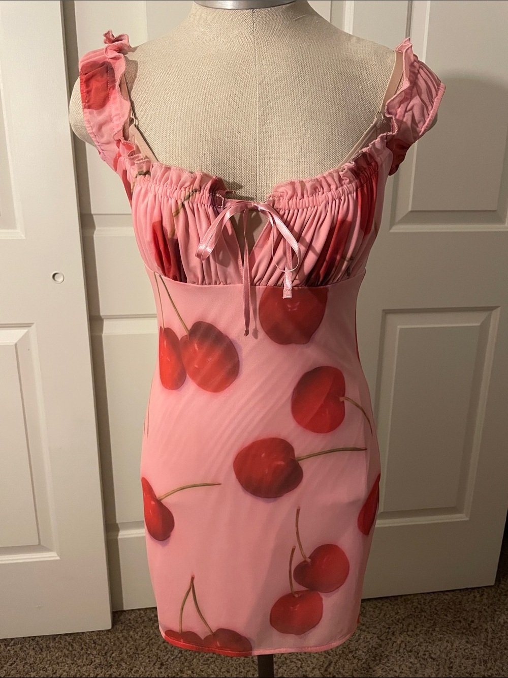 Kimchi Blue Pink Cherry-Print Ruffle Mini Dress